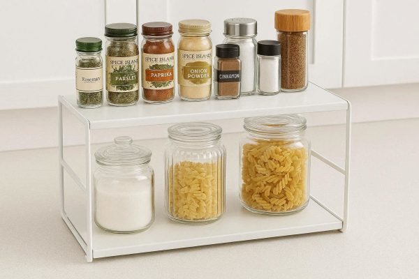 Stackable Kitchen Cabinet Shelf Organizer for Countertop Storage Heavy Duty Metal Spice Rack for Pantry Cupboard Organization White Small Size