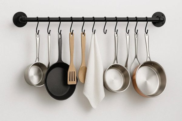 Wall Mounted Pot and Pan Rack with 10 Hooks Industrial Pipe Style Hanging Organizer for Kitchen Cookware Utensils Towels Matte Black