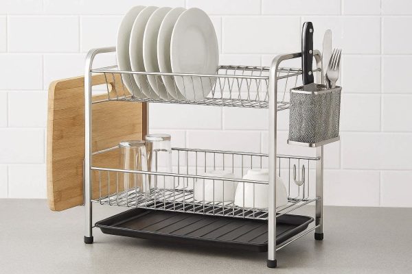 Dish Drying Rack for Kitchen Countertop 2 Tier Stainless Steel Drainer with Utensil Holder Cutting Board Stand and Drainboard Set Silver