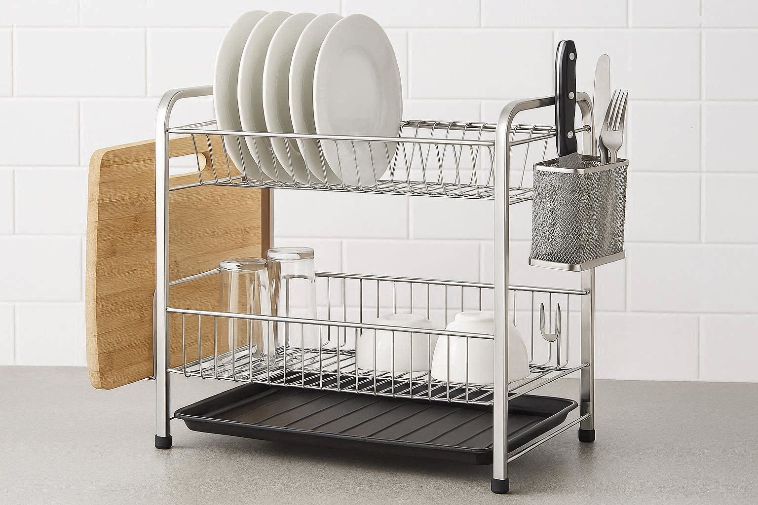 Dish Drying Rack for Kitchen Countertop 2 Tier Stainless Steel Drainer with Utensil Holder Cutting Board Stand and Drainboard Set Silver - Image 1