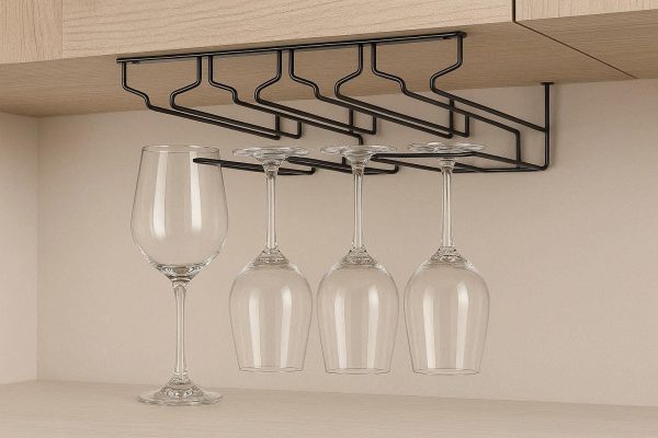 Under Cabinet Stemware Rack Wine Glass Holder Hanging Storage Organizer for Bar Kitchen Dining Room Metal Wire Hanger for 6 Glasses