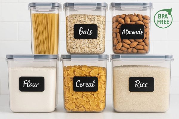 Airtight Food Storage Containers Set of 7 BPA Free Plastic Pantry Organization Bins with Easy Lock Lids for Flour Cereal Sugar Labels