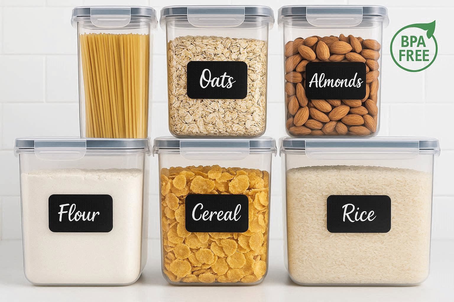 Airtight Food Storage Containers Set of 7 BPA Free Plastic Pantry Organization Bins with Easy Lock Lids for Flour Cereal Sugar Labels - Image 1