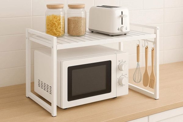 Microwave Oven Rack Stand Expandable Carbon Steel Kitchen Countertop Organizer with 3 Hanging Hooks for Toaster Baker Spice Storage White