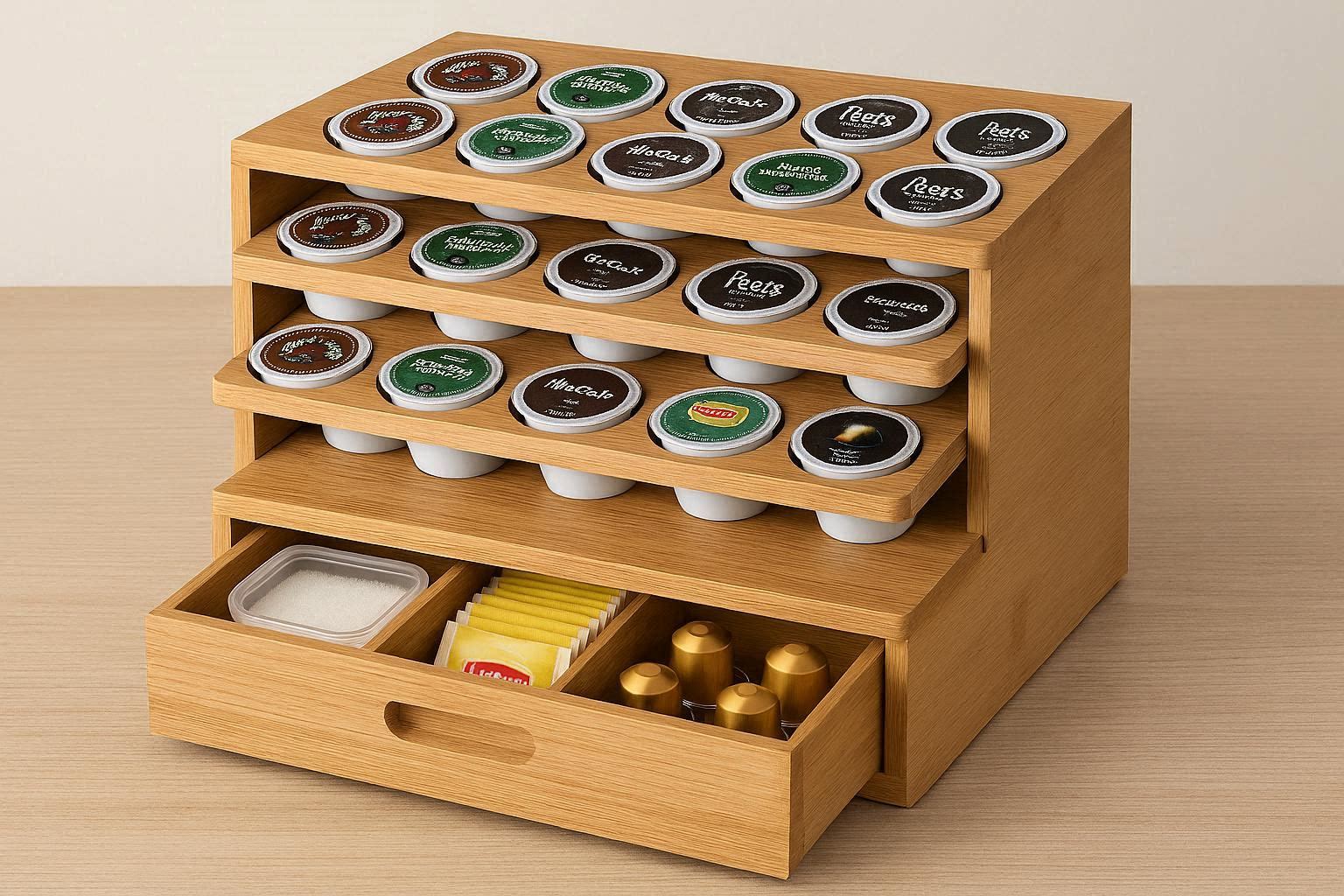 Coffee Pod Holder for K Cups 3 Tier Bamboo Coffee Station Organizer with Drawer for Creamer Sugar Tea Bags Espresso Capsule Storage - Image 1