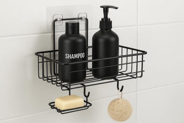 Adhesive Shower Caddy Basket Shelf for Bathroom Storage Rustproof Stainless Steel No Drilling Wall Mounted Organizer with Hooks for Soap Shampoo Black