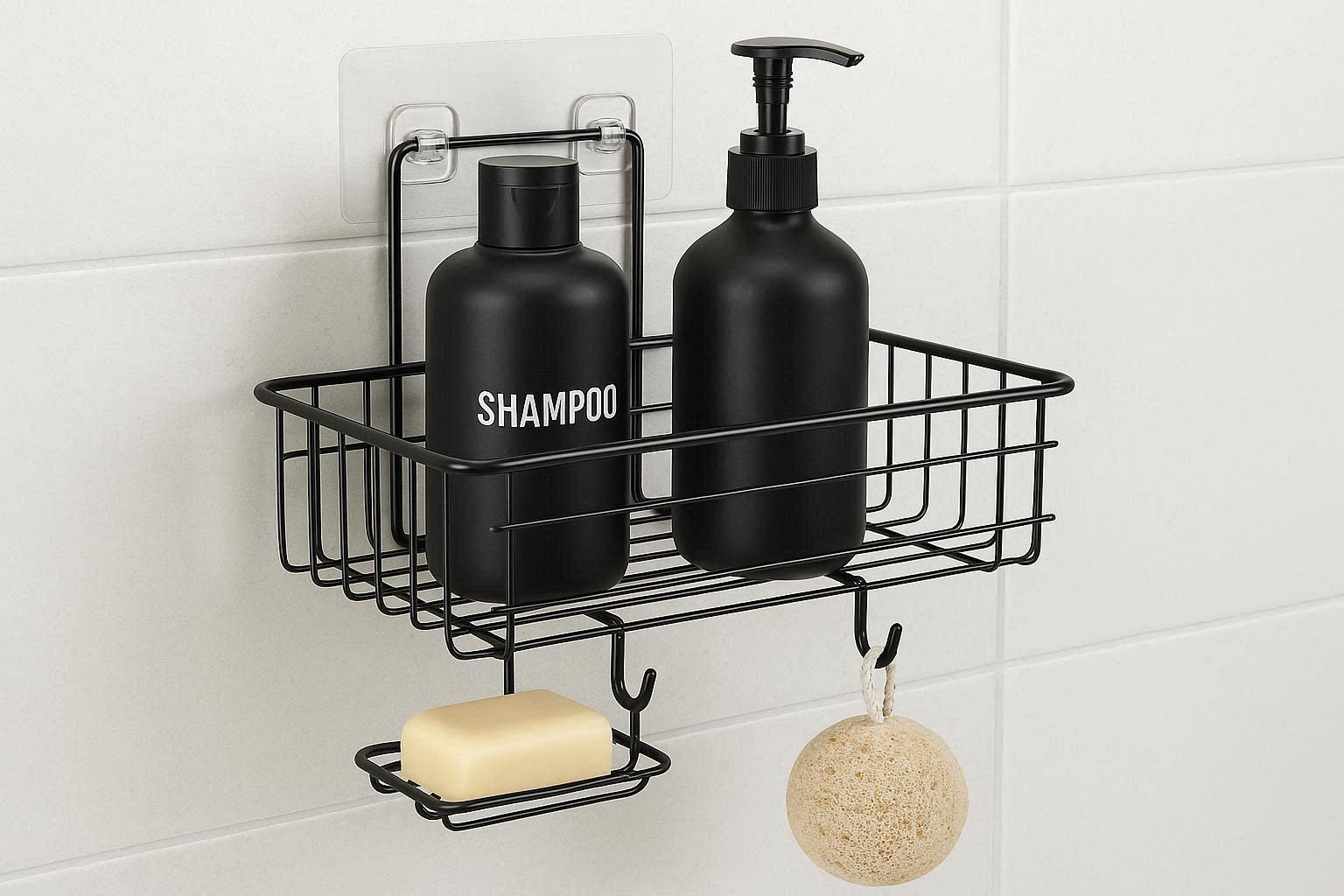 Adhesive Shower Caddy Basket Shelf for Bathroom Storage Rustproof Stainless Steel No Drilling Wall Mounted Organizer with Hooks for Soap Shampoo Black - Image 1