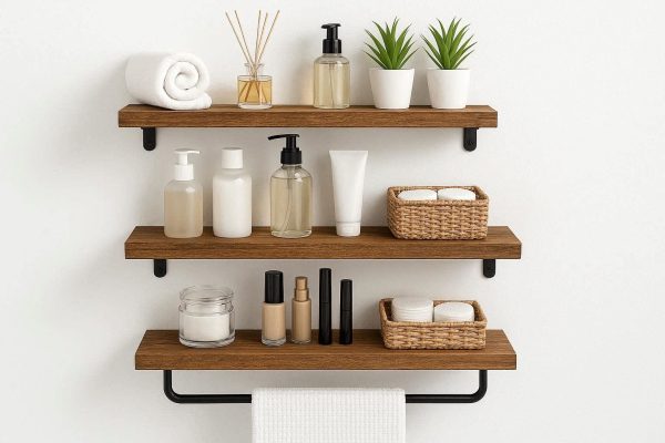Floating Wall Shelves for Bathroom Set of 3 Natural Wood Storage Rack with Towel Bar for Wall Decor Cosmetics Toiletries Organization Brown