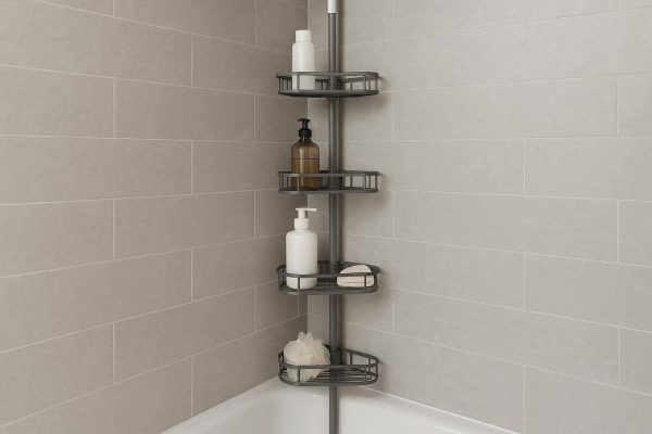 Corner Shower Caddy Tension Pole 4 Tier Adjustable Bathroom Stand for Tub and Shower Height Extendable Rust Resistant Steel Shelves Grey