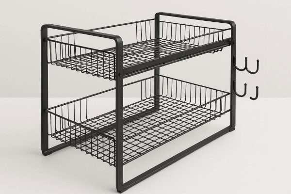 Expandable Under Sink Organizer Two Tier Sliding Storage Shelf with Hooks for Kitchen Bathroom Cabinet Space Saving Steel Wire Rack