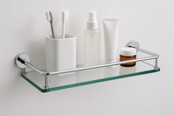 Tempered Glass Bathroom Shelf with Chrome Rail Wall Mounted Rectangular Storage Organizer for Toothbrush Holders Skincare Products Extra Thick Glass