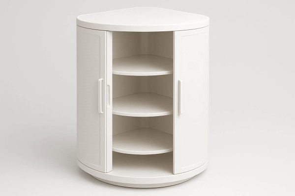 Rotating Bathroom Storage Cabinet 360 Degree Spinning Corner Shelf with Doors Dustproof Waterproof Organizer for Vanity Countertop Perfume Makeup White