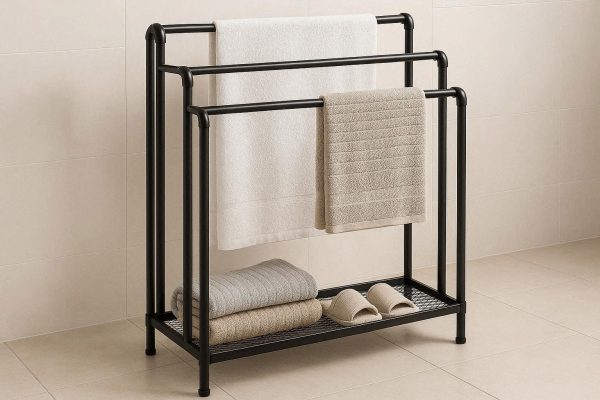 Multi Tier Bathroom Floor Standing Towel Rack Heavy Duty Metal Storage Organizer with 3 Bars and Bottom Mesh Shelf for Blankets Slippers