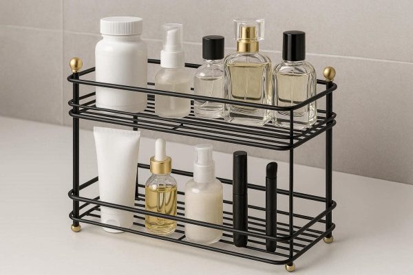 Double Layer Bathroom Vanity Countertop Organizer Tray Steel Wire Makeup Storage Rack for Medicines Lotions Fragrances Modern Design Black and Gold