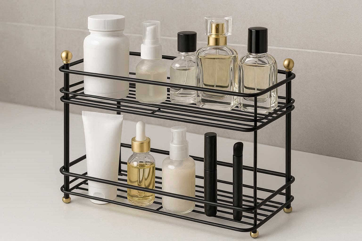 Double Layer Bathroom Vanity Countertop Organizer Tray Steel Wire Makeup Storage Rack for Medicines Lotions Fragrances Modern Design Black and Gold - Image 1