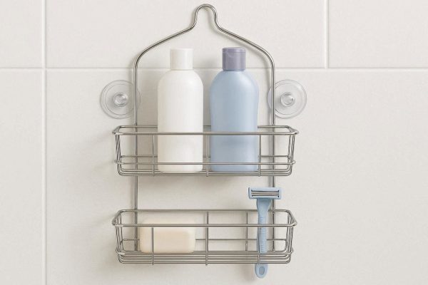 Hanging Shower Head Caddy with Suction Cups 2 Tier Metal Wire Storage Organizer for Shampoo Conditioner Soap Integrated Razor Holders Chrome Finish