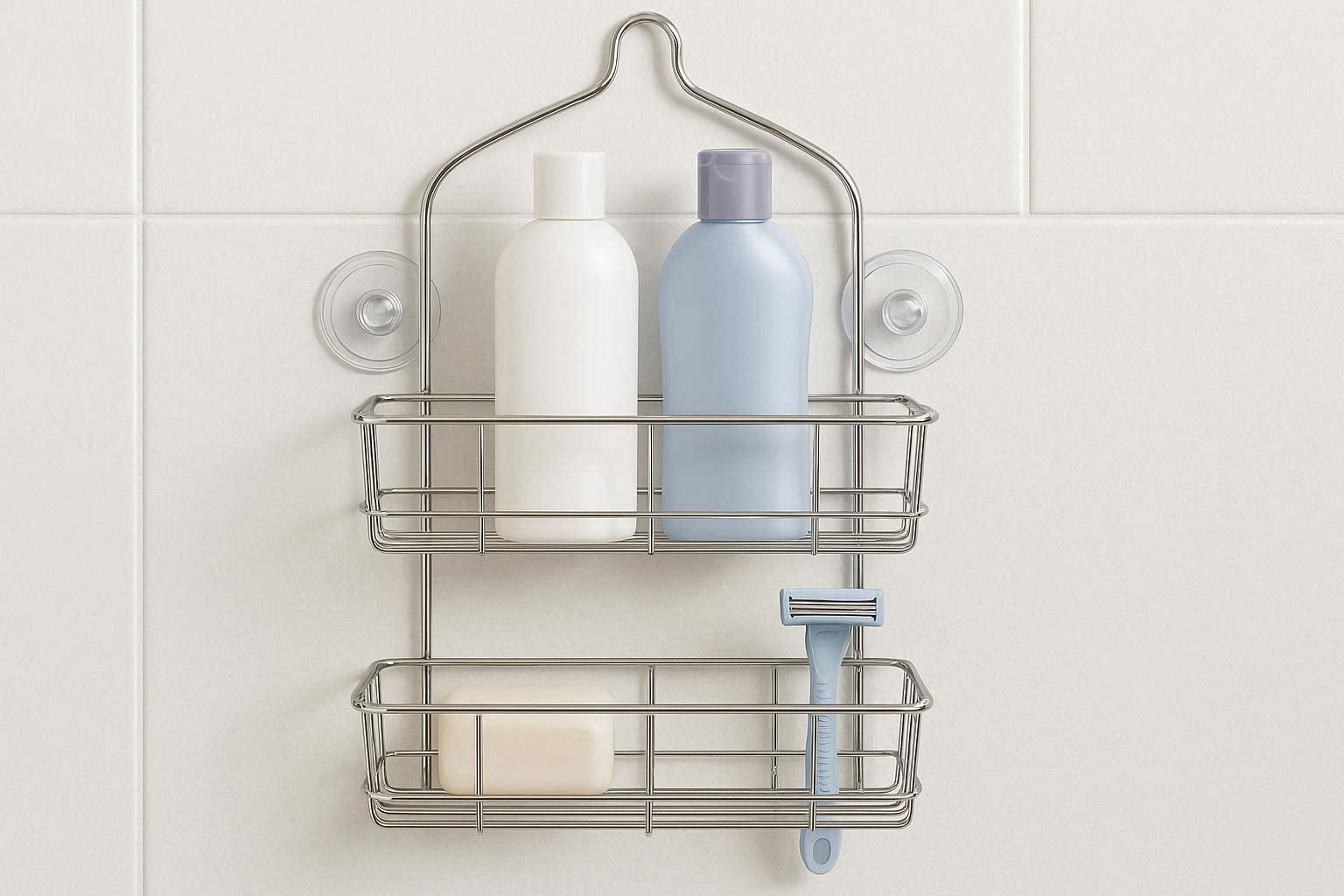 Hanging Shower Head Caddy with Suction Cups 2 Tier Metal Wire Storage Organizer for Shampoo Conditioner Soap Integrated Razor Holders Chrome Finish - Image 1