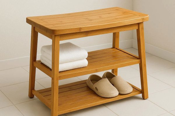 Bamboo Bathroom Bench with 2 Tier Storage Shelf Waterproof Spa Seat for Shower Entryway Organizer Sturdy Wood Stool for Towels Shoes Natural