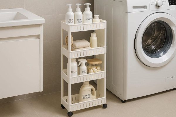 Narrow Slide Out Bathroom Storage Cart 4 Tier Slim Rolling Pantry Shelf for Small Spaces Gap Organizer with Wheels for Toiletries Laundry