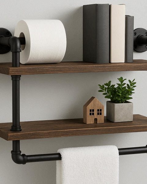 Industrial Pipe Bathroom Wall Shelf with Towel Bar 2 Tier Rustic Wood Floating Storage Rack for Toilet Paper Books Decor Matte Black