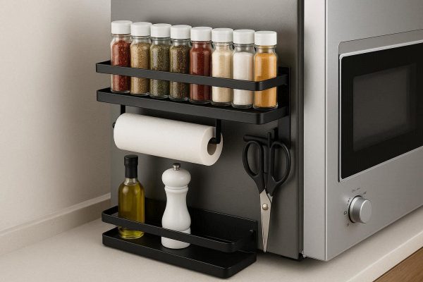 Magnetic Fridge Spice Rack Multi Purpose Carbon Steel Magnetic Shelf for Refrigerator Side Wall Microwave Oven Storage Space Saving Black