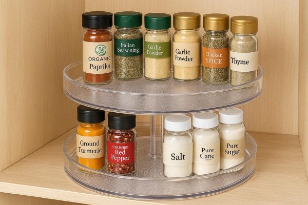 Two Tier Lazy Susan Turntable Organizer for Kitchen Cabinet Pantry 360 Degree Rotating Spice Rack Non Slip Clear Plastic Storage Bin