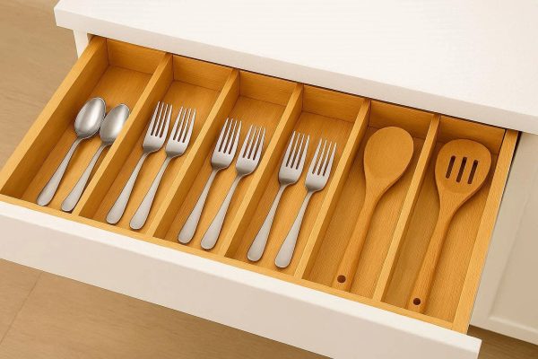 Adjustable Bamboo Kitchen Drawer Divider Set of 4 Expandable Organization Separators for Silverware Utensils Cutlery Tools Natural Wood Finish