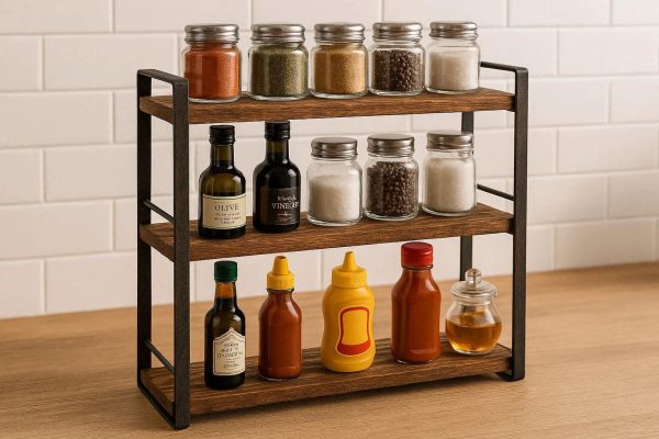 Rustic Wood and Metal Kitchen Countertop Spice Rack 3 Tier Standing Shelf Organizer for Condiments Jars Bottles Home Decor Brown