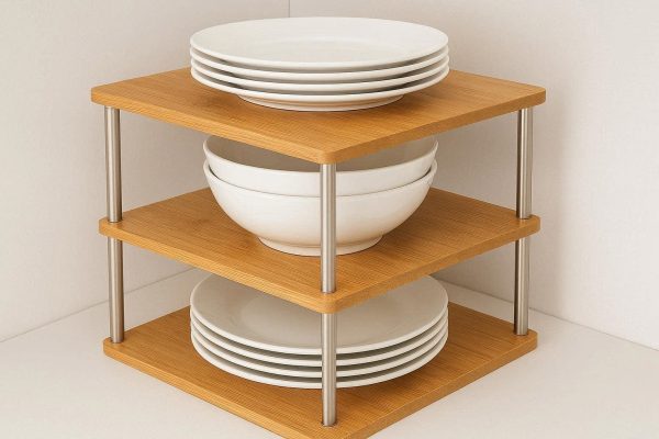 Corner Kitchen Cabinet Shelf Organizer 3 Tier Bamboo and Stainless Steel Storage Rack for Plates Bowls Dishes Pantry Space Saving