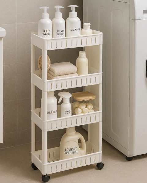 26 Narrow Slide Out Bathroom Storage Cart 4 Tier Slim Rolling Pantry Shelf for Small Spaces Gap Organizer with Wheels for Toiletries Laundry