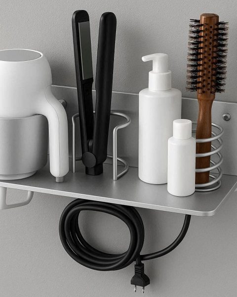 27 Wall Mounted Hair Dryer Holder with Power Cord Organizer Multi Functional Bathroom Storage Rack for Flat Irons Brushes Hair Care Tools Silver