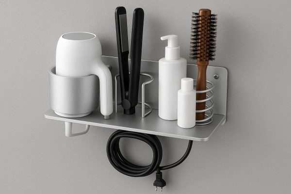 27 Wall Mounted Hair Dryer Holder with Power Cord Organizer Multi Functional Bathroom Storage Rack for Flat Irons Brushes Hair Care Tools Silver