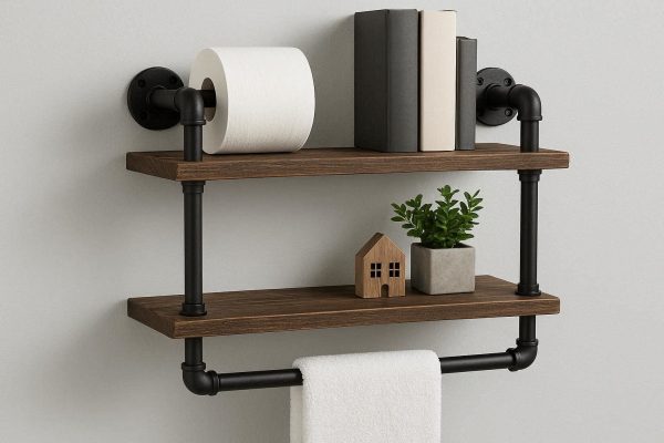 29 Industrial Pipe Bathroom Wall Shelf with Towel Bar 2 Tier Rustic Wood Floating Storage Rack for Toilet Paper Books Decor Matte Black