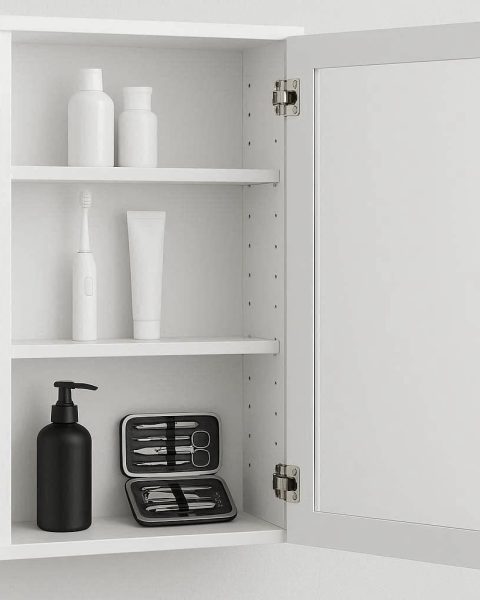 30 Mirror Cabinet Bathroom Wall Storage Organizer with Single Door and Adjustable Internal Shelves Medicine Cupboard for Toothbrushes Grooming Kit White