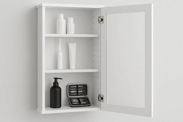 30 Mirror Cabinet Bathroom Wall Storage Organizer with Single Door and Adjustable Internal Shelves Medicine Cupboard for Toothbrushes Grooming Kit White